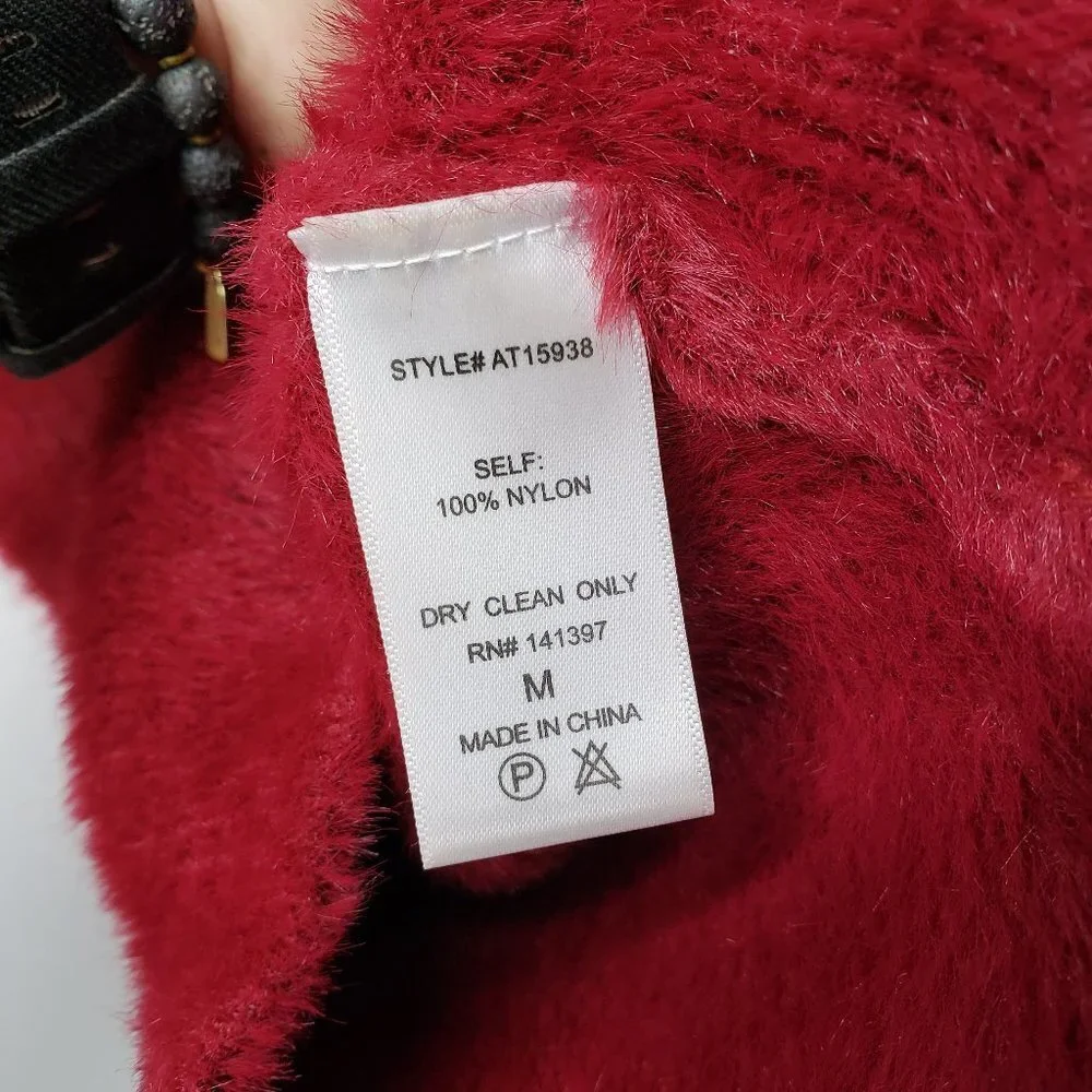 ASTR The Label Fuzzy Cropped Sweater Square Neckline M Wine Maroon Puff Shoulder
